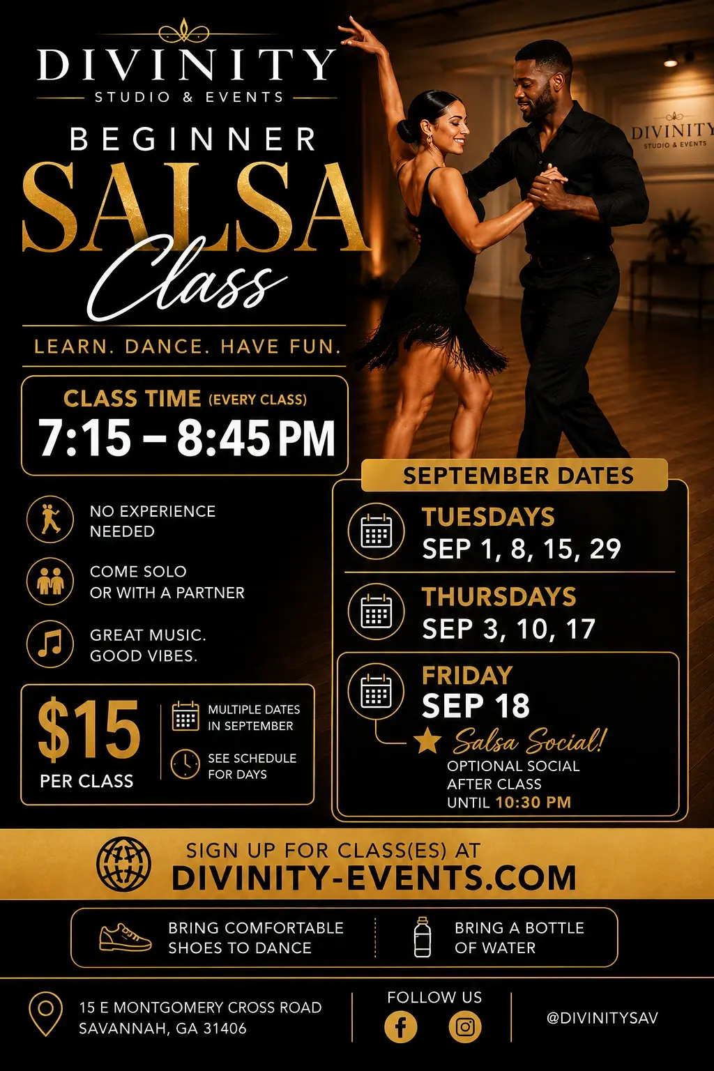 Beginner Salsa Class + Dance Social @ Divinity Studio & Events